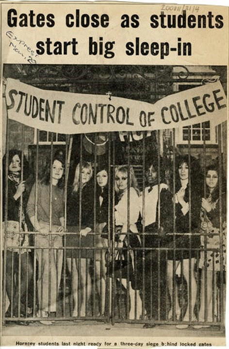 Newspaper cutting headlined "Gates close as students start big sleep-in": Hornsey students stand behind the locked college gates under a banner reading "Student control of college".